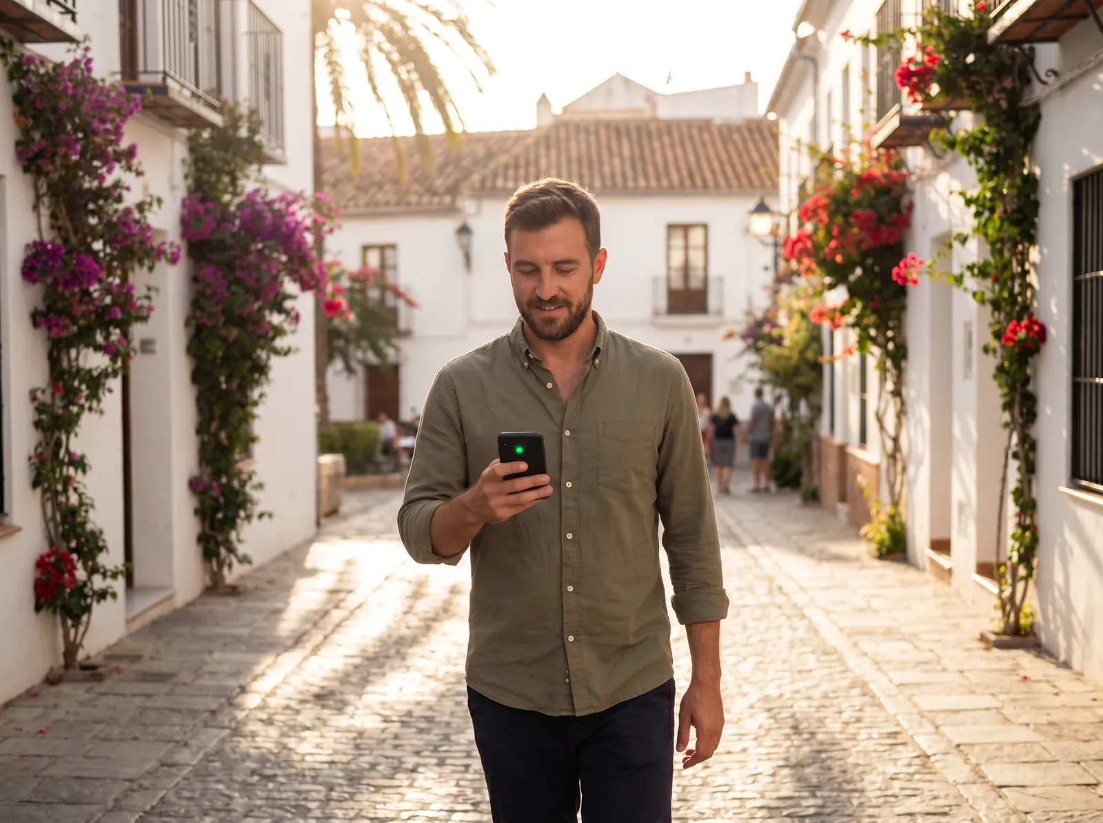Makler unterwegs mit Smartphone-Nachricht